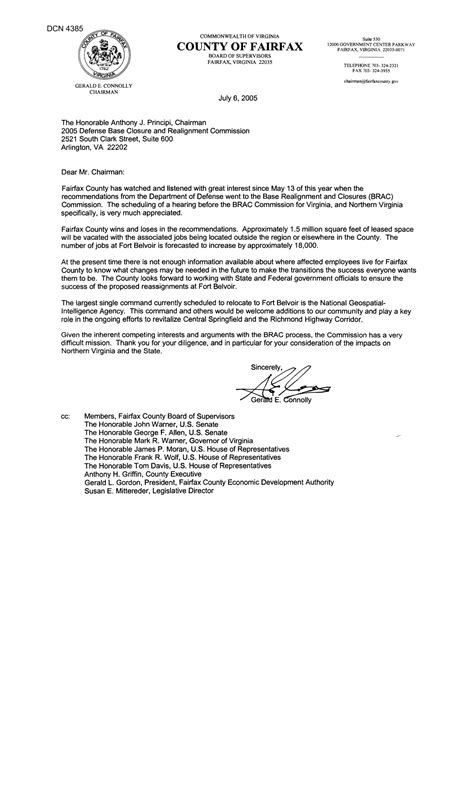 Executive Correspondence Letter From Fairfax County Virginia Board Of