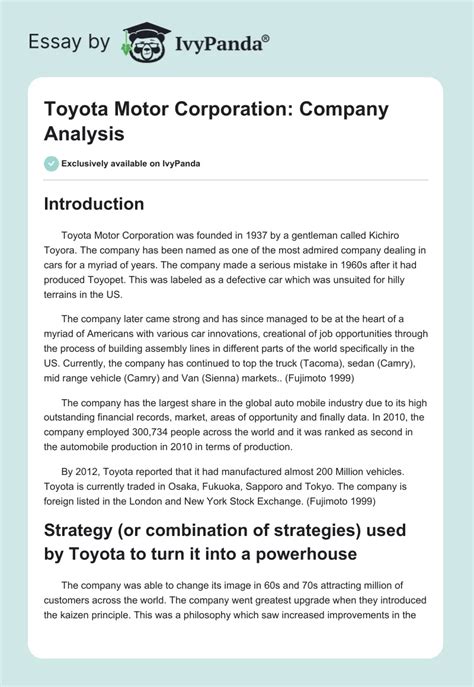 Toyota Motor Corporation Company Analysis 1086 Words Research