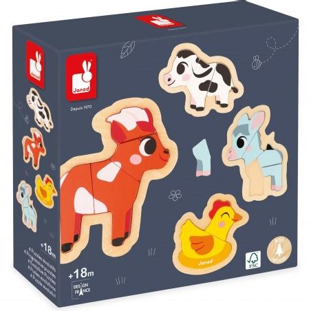 Puzzles bois bébé Set 3 puzzles animaux Ferme enfant 18 mois Janod