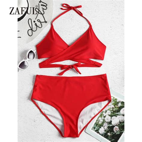 ZAFUL Plus Size Wrap Bikini High Waist Swimuit Swimwear Women Solid