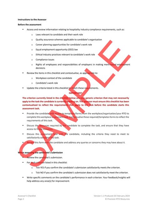 SITHIND006 Workplace Assessment Task 02 Assessors Checklist V1 1