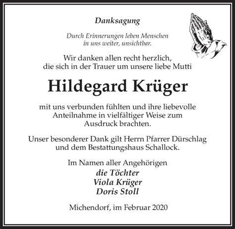 Traueranzeigen Von Hildegard Kr Ger Trauer Anzeigen De