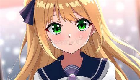 Anime Girl With Blonde Hair And Green Eyes Stock Illustration Illustration Of Dainty