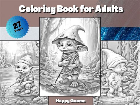 Happy Gnome Coloring Pages for Adults Grayscale Coloring Book Download