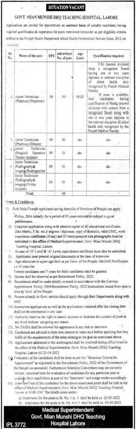 Situations Vacant At Govt Mian Munshi DHQ Teaching Hospital 2024 Job