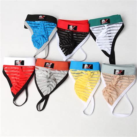 Aiiou Sexy Gay Striped See Through G Strings And Thongs Jockstrap 7pcs