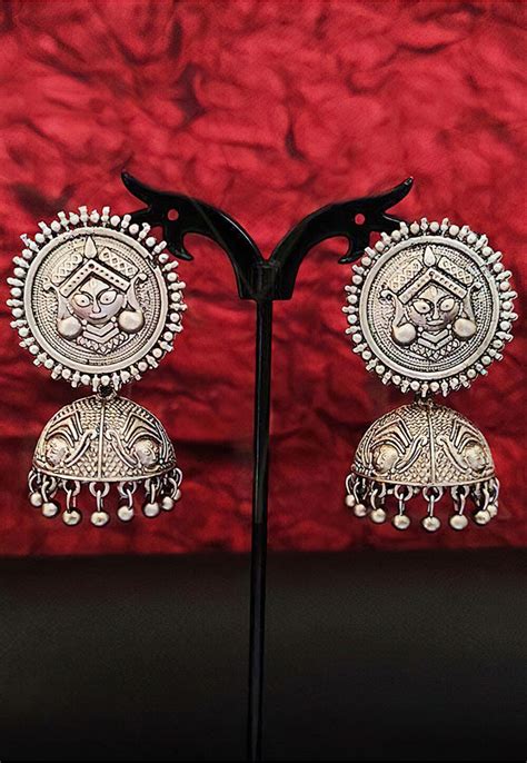 Silver Look Alike Temple Jhumka Style Earrings Jhu