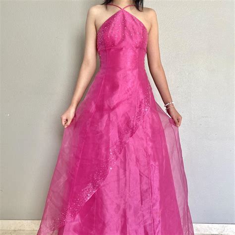 90s Vintage Barbie Hot Pink Jeweled Prom Dress Depop