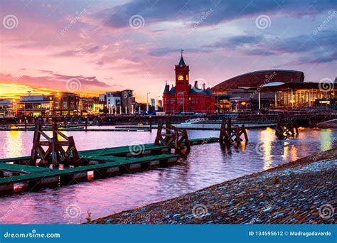 Waterfront At Night In Cardiff Uk Sunset Colorful Sky With Wales