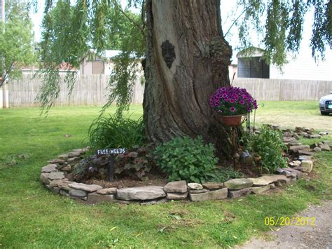 Rock Wall Garden Tree Face Salvaged Planter Around Our Old Willow Tree Free Weeds Sign Made