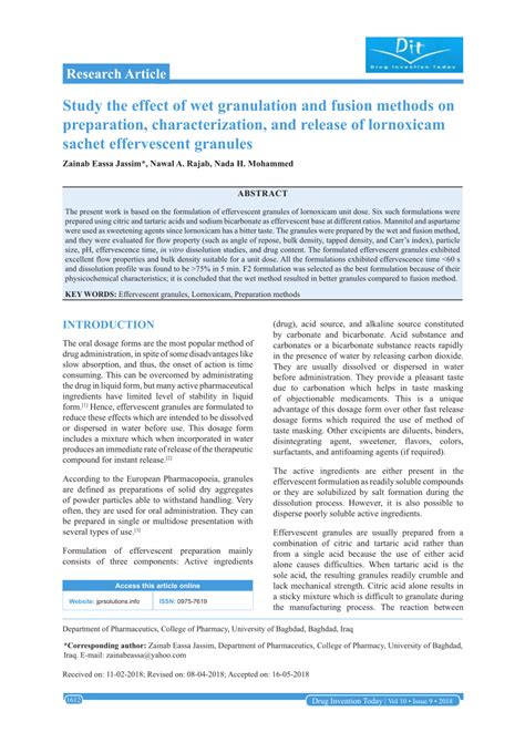 Pdf Study The Effect Of Wet Granulation And Fusion Methods On