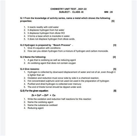 Chemistry Unit Test Chemistry Subjective Test Teachmint