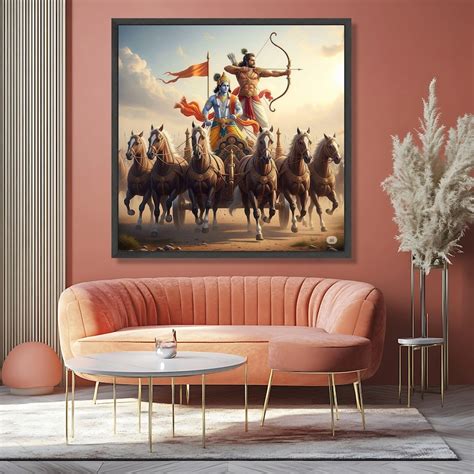epic mahabharata battle scene canvas arjuna  krishna chariot art