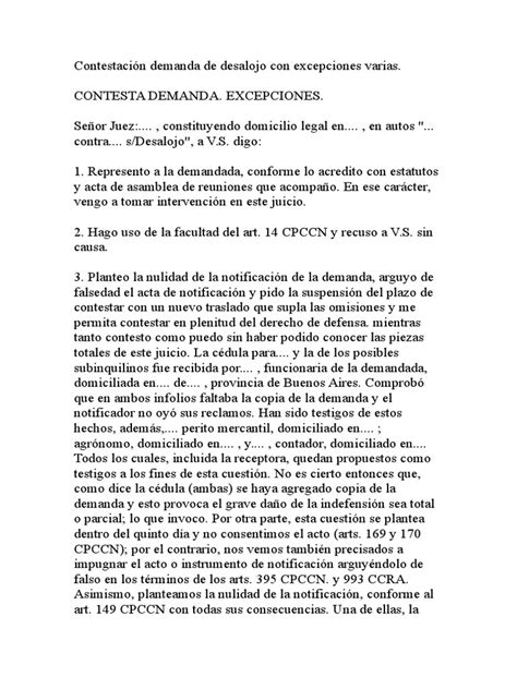 Contestación Demanda De Desalojo Con Excepciones Varias Demanda