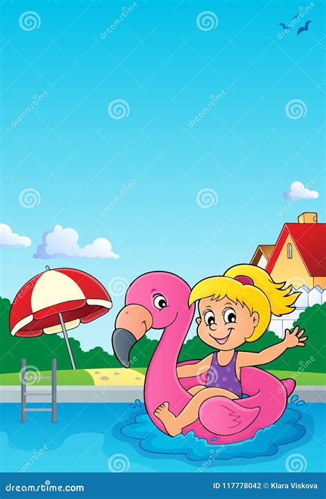 Girl Floating On Inflatable Flamingo 3 Vector Illustration