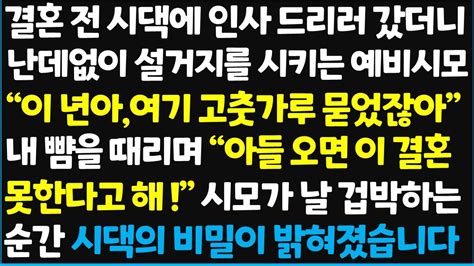 신청사연 결혼 전 시댁에 인사 드리러 갔더니 난데없이 설거지를 시키는 시모 이 것아 여기 고춧가루 묻었잖아 내 뺨을