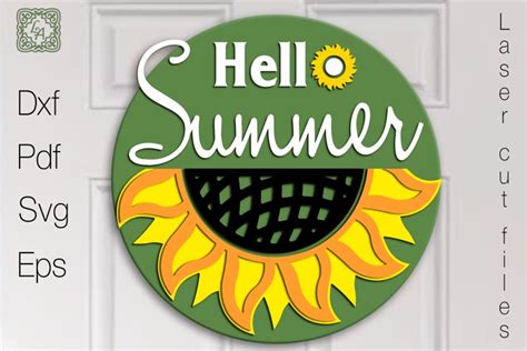 Hello Summer Round Sign Sunflower Door Hanger Svg