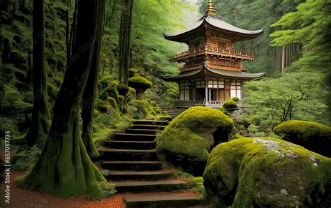 Mystical Forest Landscape With Traditional Japanese Pagoda Zen