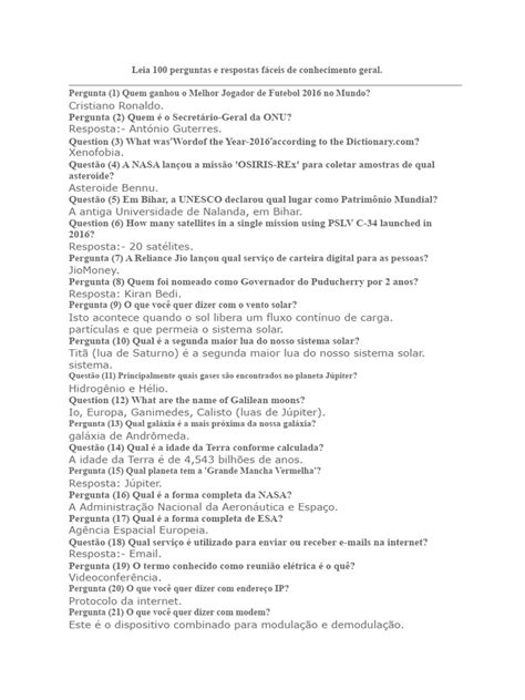 100 Perguntas De Conhecimento Geral Com Respostas