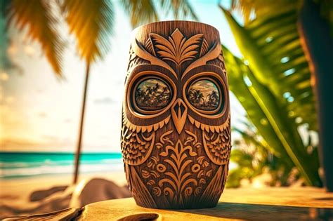 Premium Photo Wooden Tiki Mask Glass In Form Of Owl On Beach Of