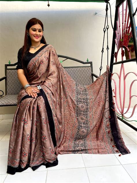 Ajrakh Hand Block Print Natural Dye Modal Silk Saree Indian Fashion