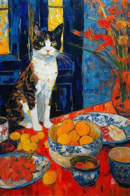 Premium AI Image | A painting of a cat sitting on a table with oranges ...