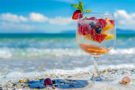 Tropical Fruit Cocktail In A Glass On Sandy Beach Perfect For A