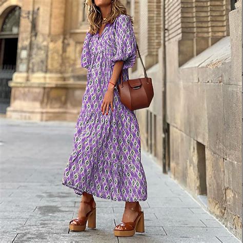 Lightweight Stylish Women Casual Loose Round Neck Bohemian Floral Dress Short Sleeve Maxi Summer