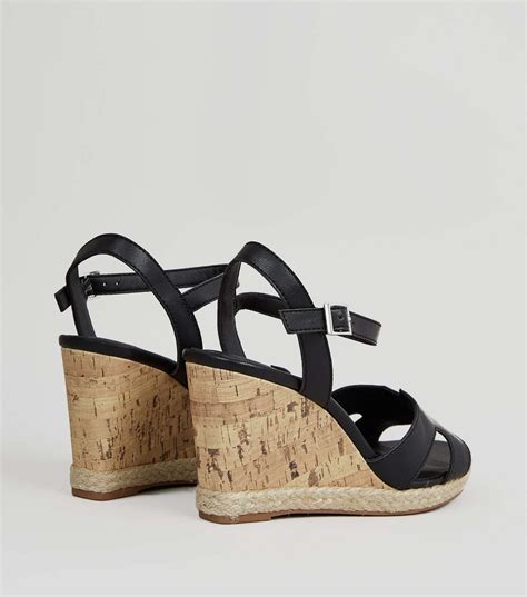 Wide Fit Black Cork Effect Wedge Sandals New Look