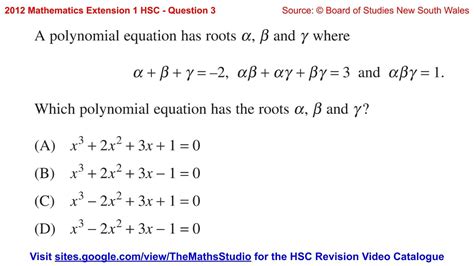 2012 Maths Extension 1 HSC Q3 Find Cubic Polynomial Equation Given Sum