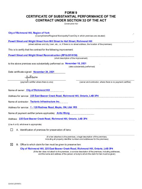 Fillable Online Powell And WrightSubstantial Performance Cert Form 9