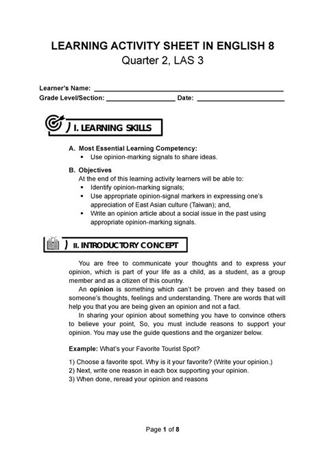 E8 Q2 LAS 3 Q1 Week 1 LEARNING ACTIVITY SHEET IN ENGLISH 8 Quarter