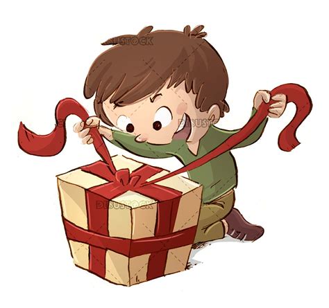 Niño abriendo un regalo con una cara de sorpresa Dibustock dibujos e