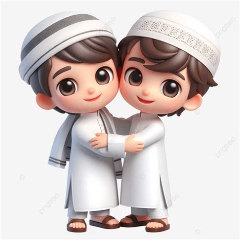 Desenho 3d Dois Meninos Muçulmanos Se Abraçam No Dia Do Eid PNG