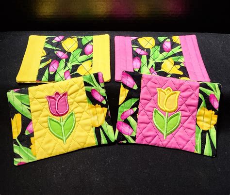 Set Of 4 Quilted Fabric Mug Rugs Coasters Pink And Yellow Tulips Etsy