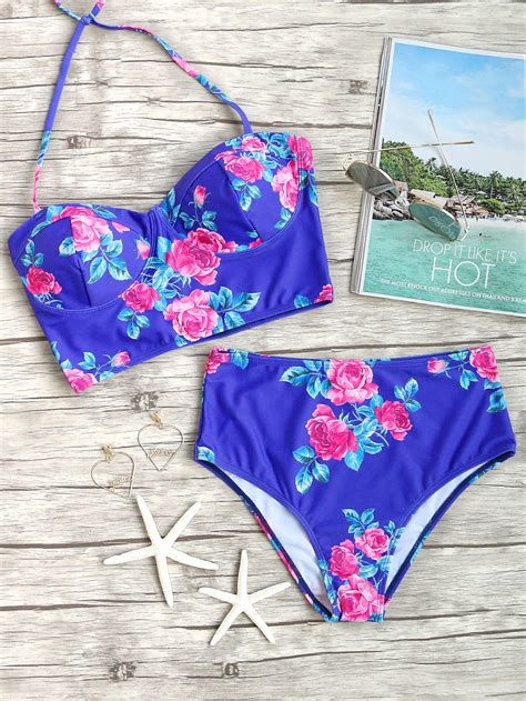 Rose Print High Waist Bikini Set SheIn Sheinside