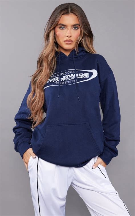 Navy Worldwide Slogan Oversized Hoodie Tops Prettylittlething Aus