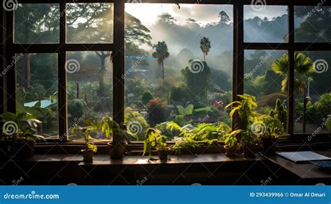 A View Out A Window Of A Tropical Gardenwindow View From School Window