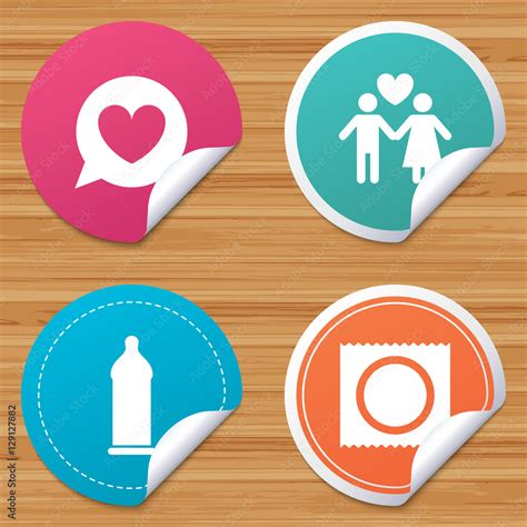 Round Stickers Or Website Banners Condom Safe Sex Icons Lovers Couple Signs Male Love Female