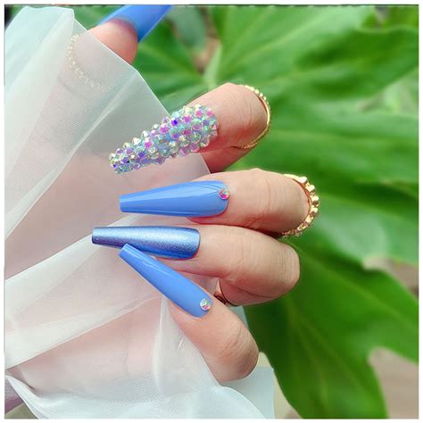 Llyzh False Nails Summer Nails Press On Nails Long 3d Rhinestones Coffin Fake Nails With Design