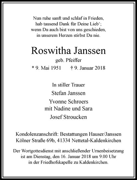 Alle Traueranzeigen für Roswitha Janssen trauer rp online de