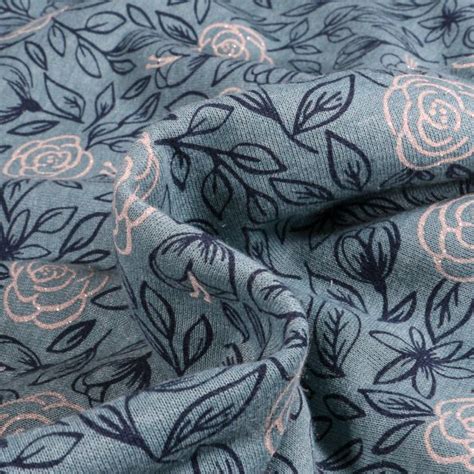 Tissu Jersey Coton Envers Molletonn Tulipes Dor S Sur Fond Bleu Gris