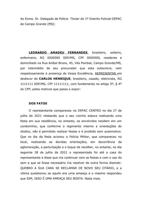 Prat Sim III PP Representação Criminal Ao Exmo Sr Delegado de