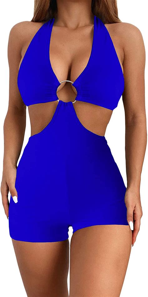 Shein Womens One Piece Swimsuit Cut Out Halter Backless High Waisted