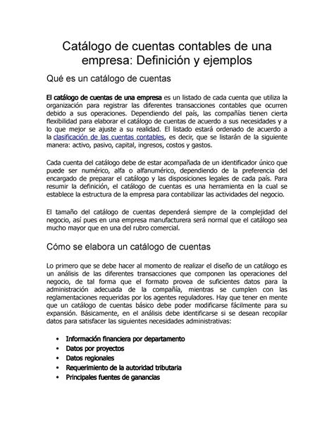 Catalogo De Cuentas Contables De Una Empresa Definicion Y Ejemplos