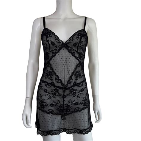 Victorias Secret Black Sheer Lace Floral Negligee Ca… Gem