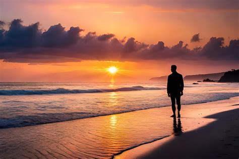 Premium Photo A Man Walks On The Beach At Sunset