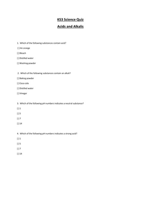 Ks3 Acids And Alkalis Science Quiz Teaching Resources