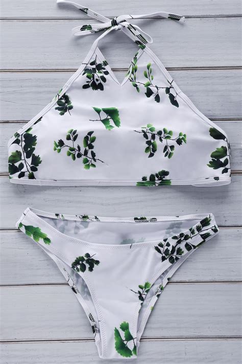 Leaf Print Lace Up Halter Bikini Set White Bikinis Zaful