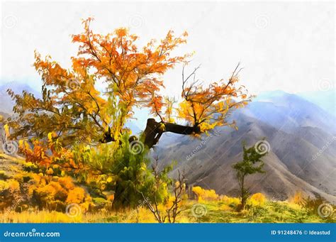 View Of Lonely Autumn Tree Stock Photo Image Of Watercolour 91248476